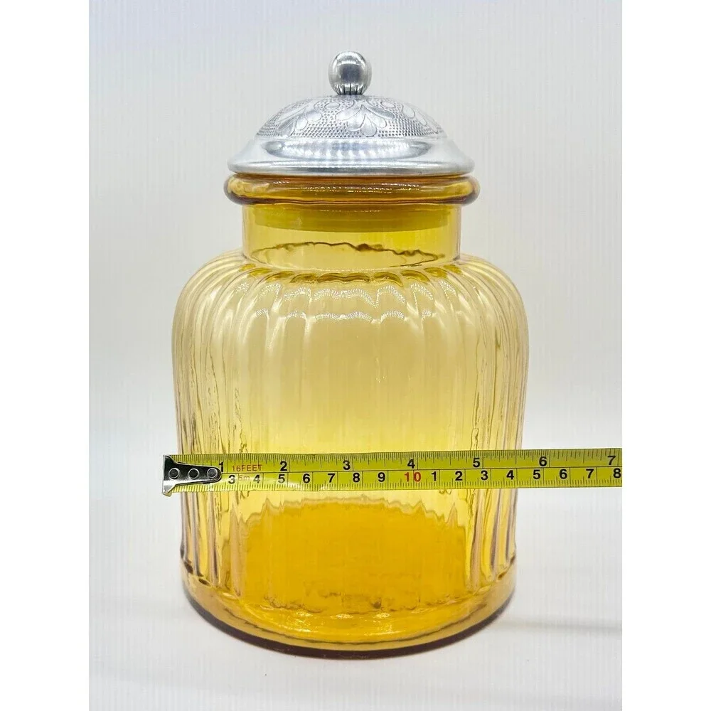 Vintage Amber Artland Apothecary ribbed glass Canister Jar Silver Lid